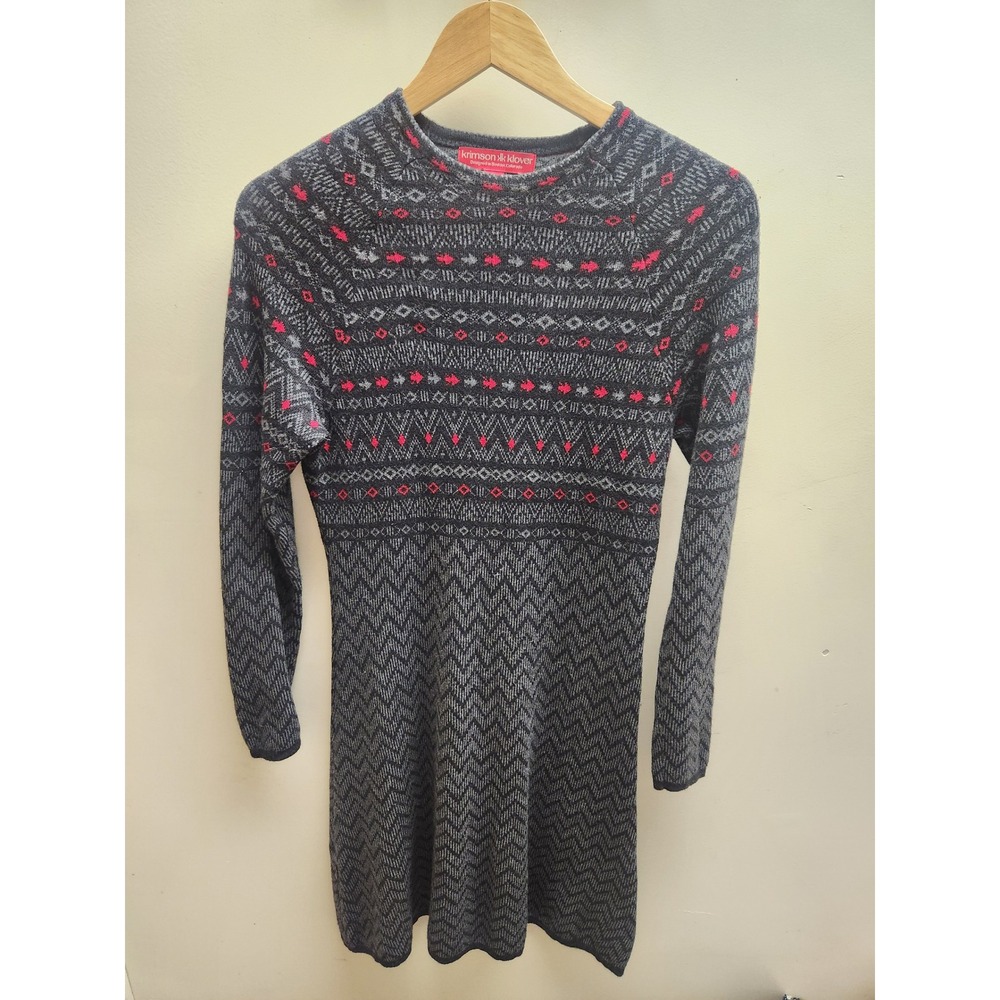 Krimson Klover Womens Merino Wool Silk Blend Fair Isle Sweater Dress Grey Pink S